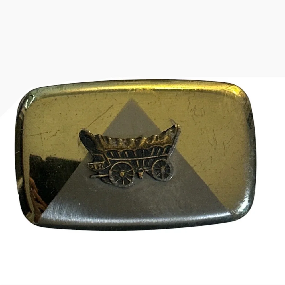 Vintage Covered Wagon Belt Buckle Two Tone Gold Silver Western Made in USA